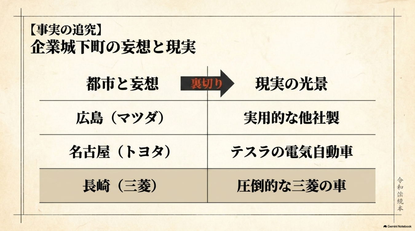 企業城下町の妄想と現実を比較した表。広島、名古屋、長崎の各都市における企業と、実際の光景の乖離を示している。