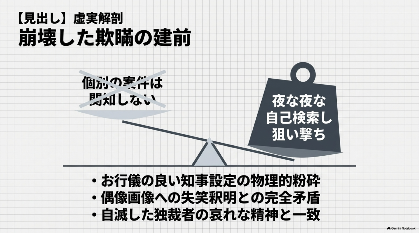 個別の案件は関知しない」という建前が崩壊し、夜な夜な自己検索して狙い撃ちする独裁者の矛盾を批判する図解。