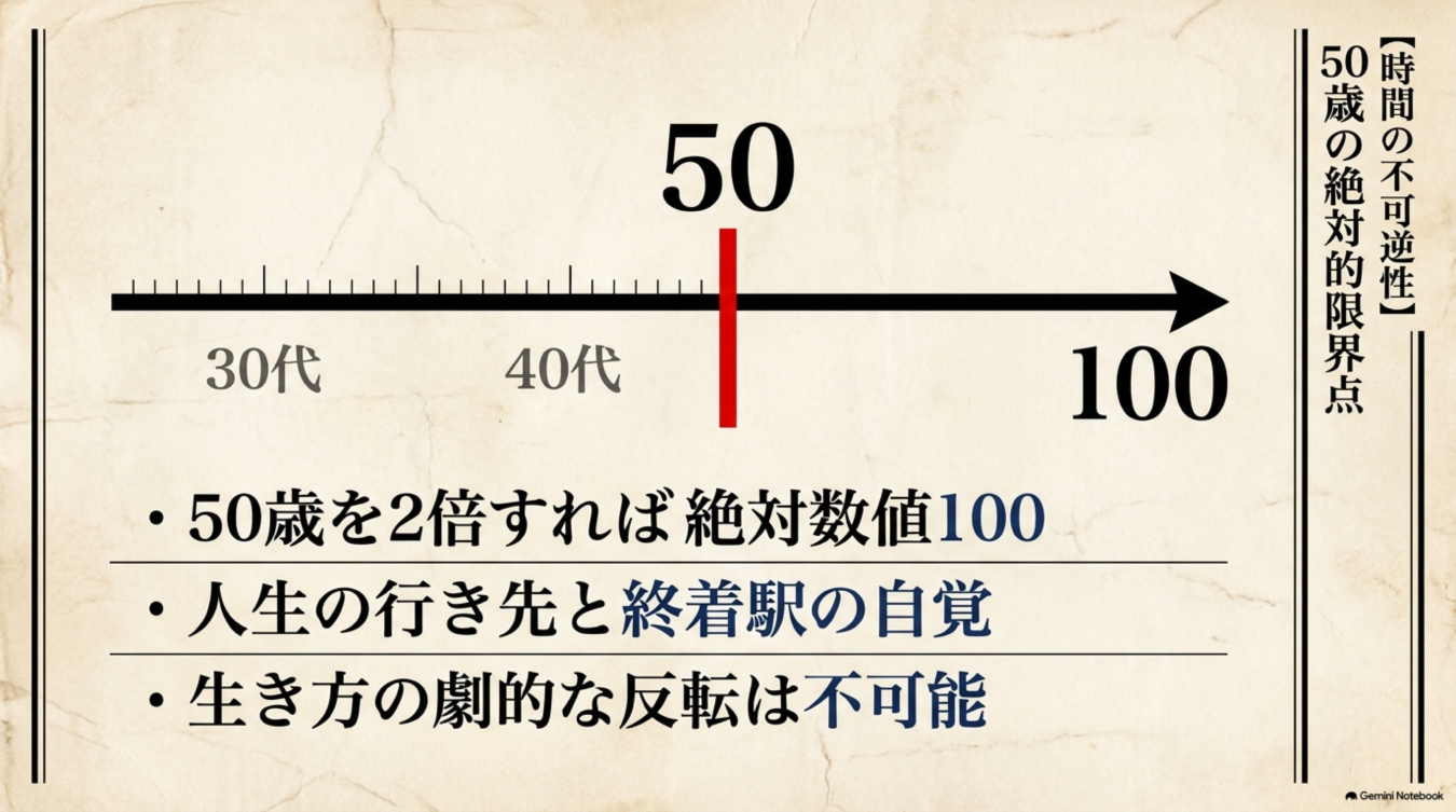 人生の折り返し地点である50歳を強調し、残りの人生と終着駅を意識して生き方の見直しを促す図解。