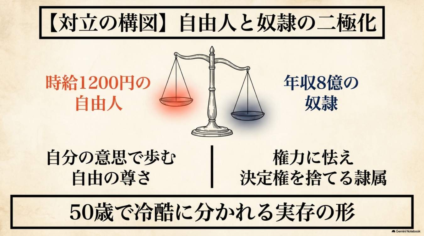 時給1200円の自由人と年収8億の奴隷という二極化を天秤で表現し、50歳で分かれる実存の形を問いかける図解。