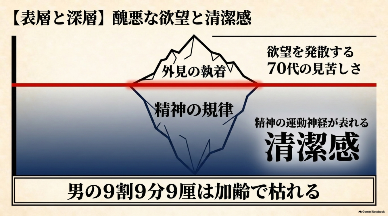 氷山図を用いて、外見への執着という醜い欲望と、精神の規律から生まれる清潔感の対比を解説する図解画像。