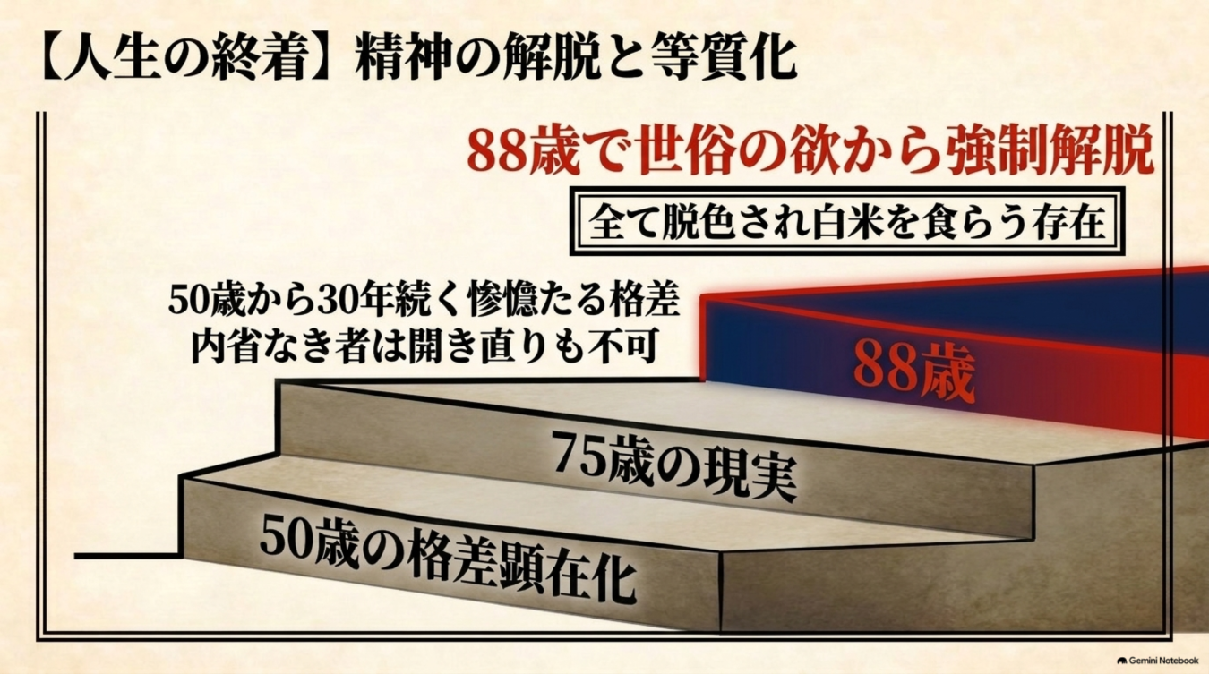 50歳からの格差と75歳の現実を経て、88歳で世俗の欲から解放され等質化に至る人生の段階を示した図解。