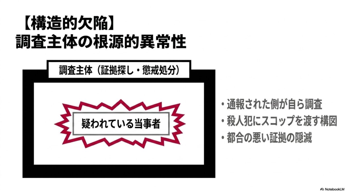 調査主体が疑われている当事者自身であるという構造的欠陥と、証拠隠滅の危険性を指摘する図解。