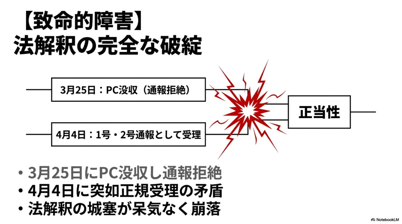 3月25日のPC没収と4月4日の通報受理という矛盾した対応により、法解釈の正当性が崩壊していることを示す図解。