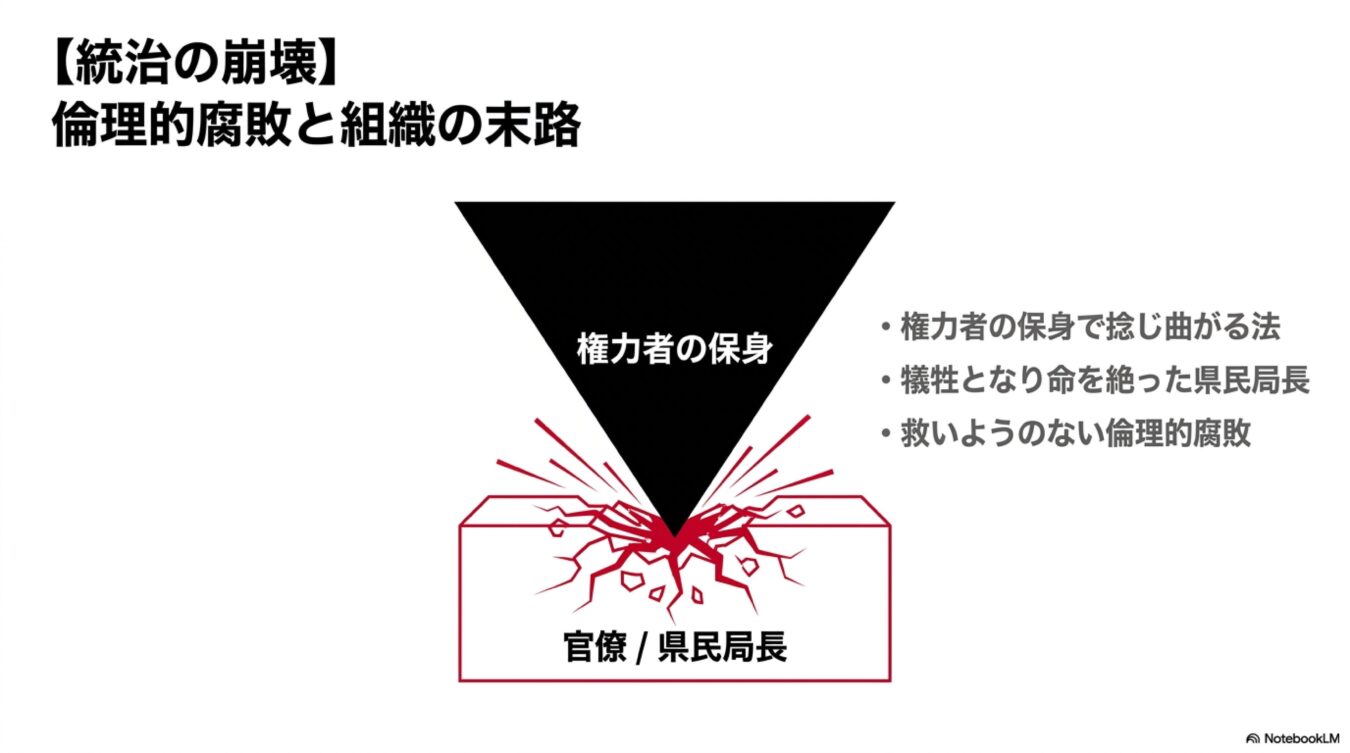 権力者の保身が官僚組織を破壊する様子を描いた図解。法が捻じ曲げられ、犠牲者が出た倫理的腐敗の末路を示している。