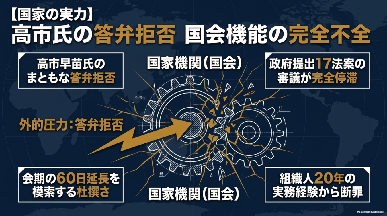 高市早苗氏の答弁拒否により国会機能が停滞している現状と、会期延長を模索する状況を批判的に図解した画像。