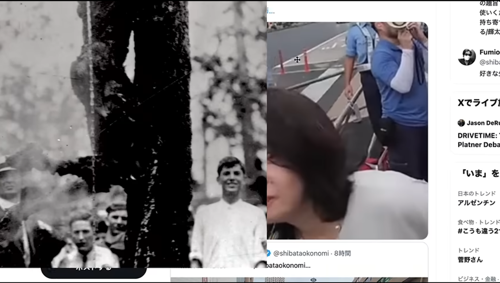 左側に歴史的な白黒写真、右側に現代の街頭風景の動画が並ぶ、対照的な二つの映像を組み合わせたSNS投稿のスクリーンショット。