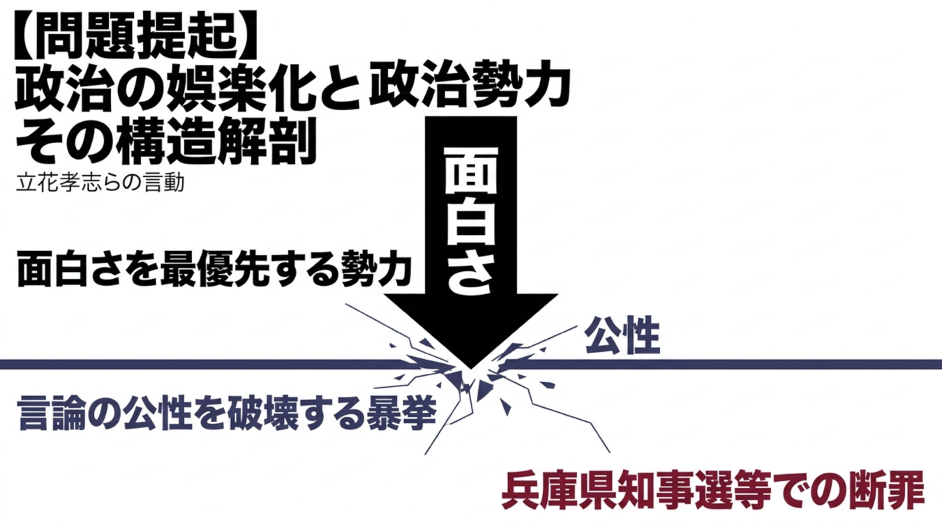 政治の娯楽化と立花孝志らの言動による公性の破壊を批判的に図解した画像
