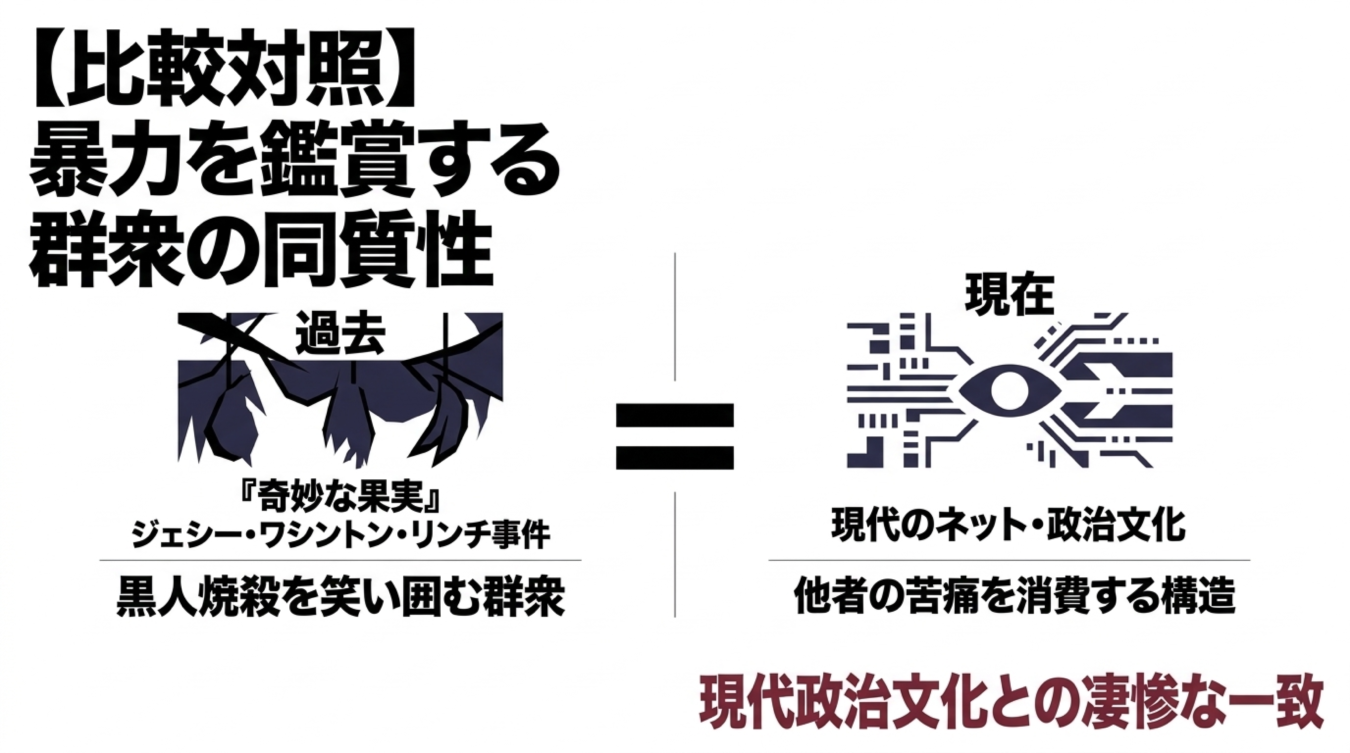 過去の人種リンチ事件と現代のネット文化における他者の苦痛の消費構造を比較する図解
