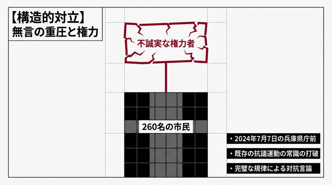 不誠実な権力者と対峙する260名の市民を描いた図解。2024年7月7日の兵庫県庁前での抗議運動の構造を示している。