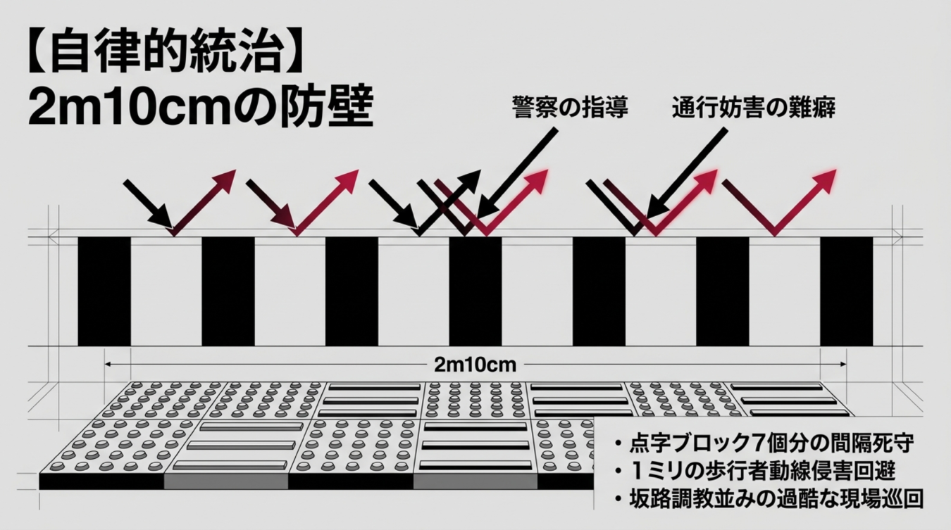 点字ブロックの歩行者動線を確保するため、2m10cmの幅で障害物を回避する様子を示した図解。