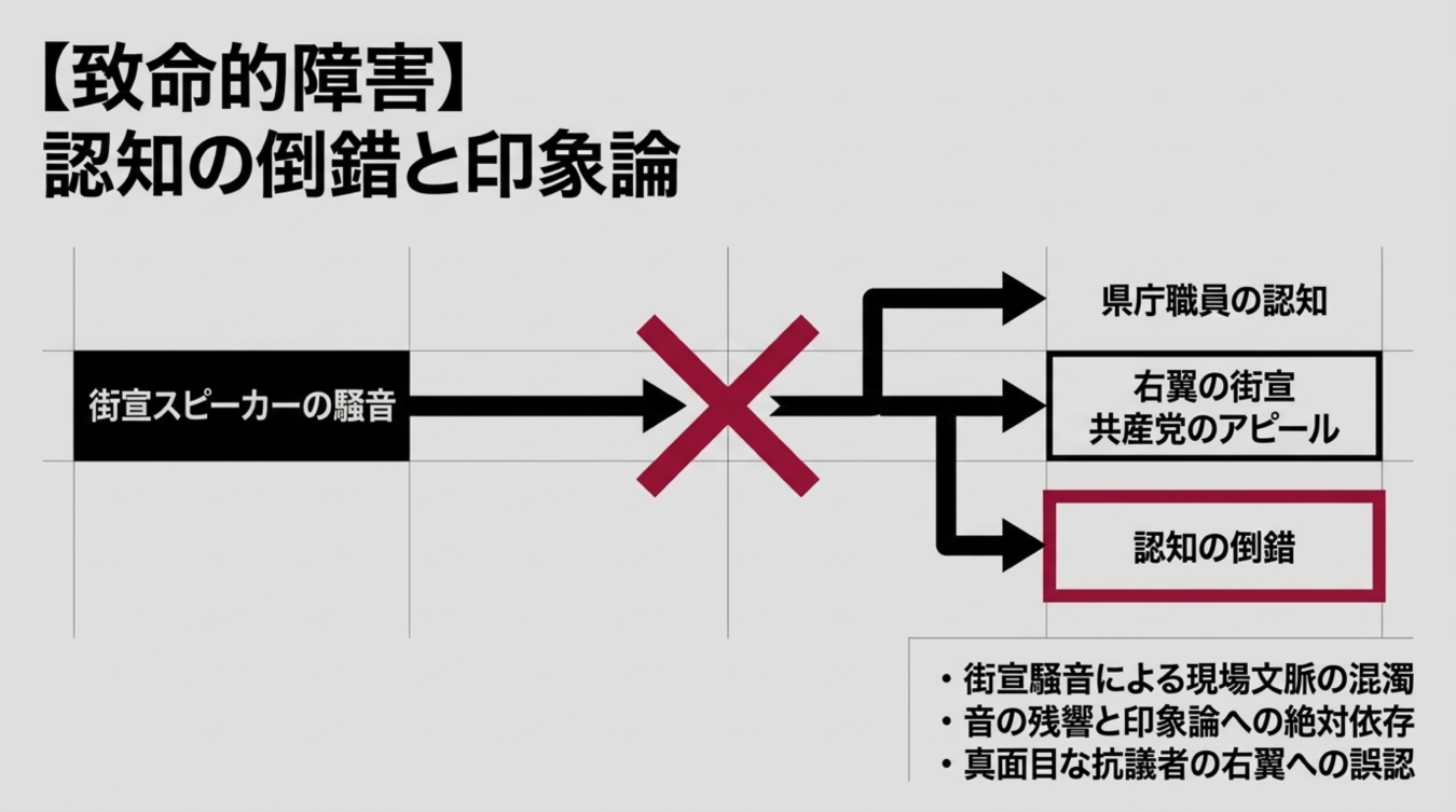 街宣スピーカーの騒音が引き起こす認知の倒錯と印象論の構造を図解したフローチャート。騒音による現場の混乱と誤認のメカニズムを示している。