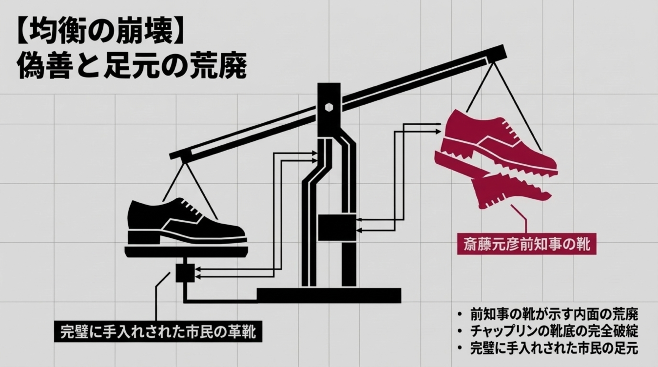 天秤の左右に、手入れされた市民の革靴と、底が剥がれ壊れた斎藤元彦前知事の靴を対比させて配置した風刺イラスト。
