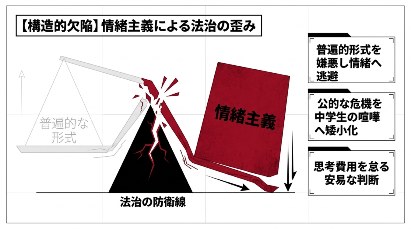 情緒主義が法治の防衛線を破壊し、普遍的な形式を歪めている様子を示す図解。右側には情緒主義による弊害として3つの項目が列挙されている。