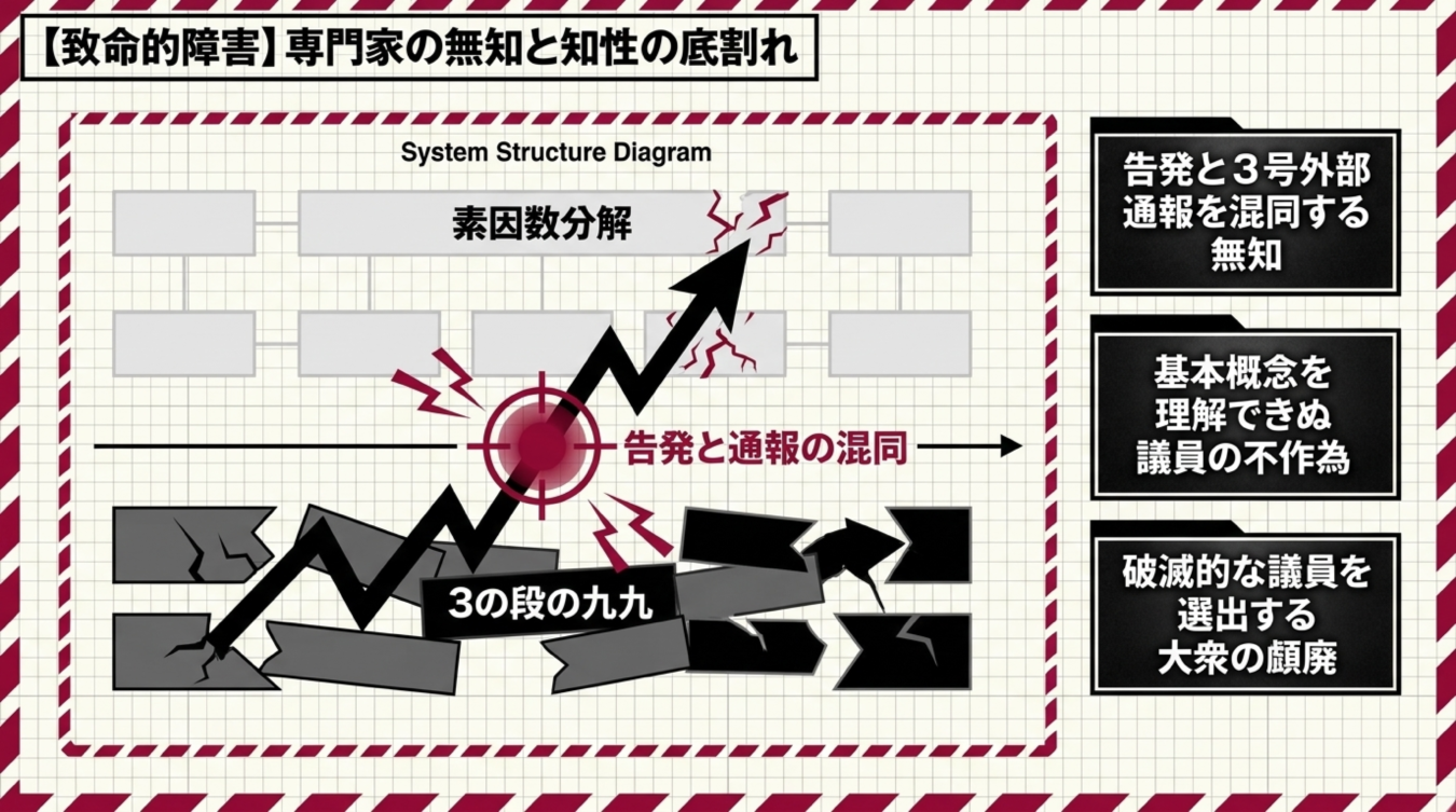 専門家の無知と知性の欠如を批判する図解。素因数分解や告発と通報の混同、議員の不作為、大衆の頽廃をテーマにした概念図。