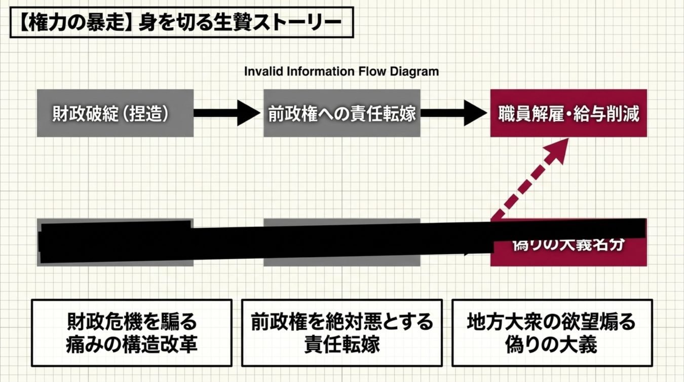 権力の暴走による身を切る改革の構図を示す図。財政破綻の捏造から責任転嫁、職員解雇に至る情報の流れと偽りの大義名分を解説している。
