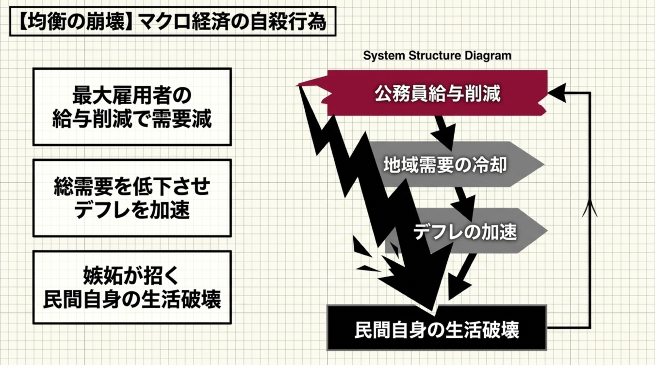 公務員給与の削減が地域需要の冷却とデフレを招き、最終的に民間自身の生活を破壊する悪循環を示す図解。