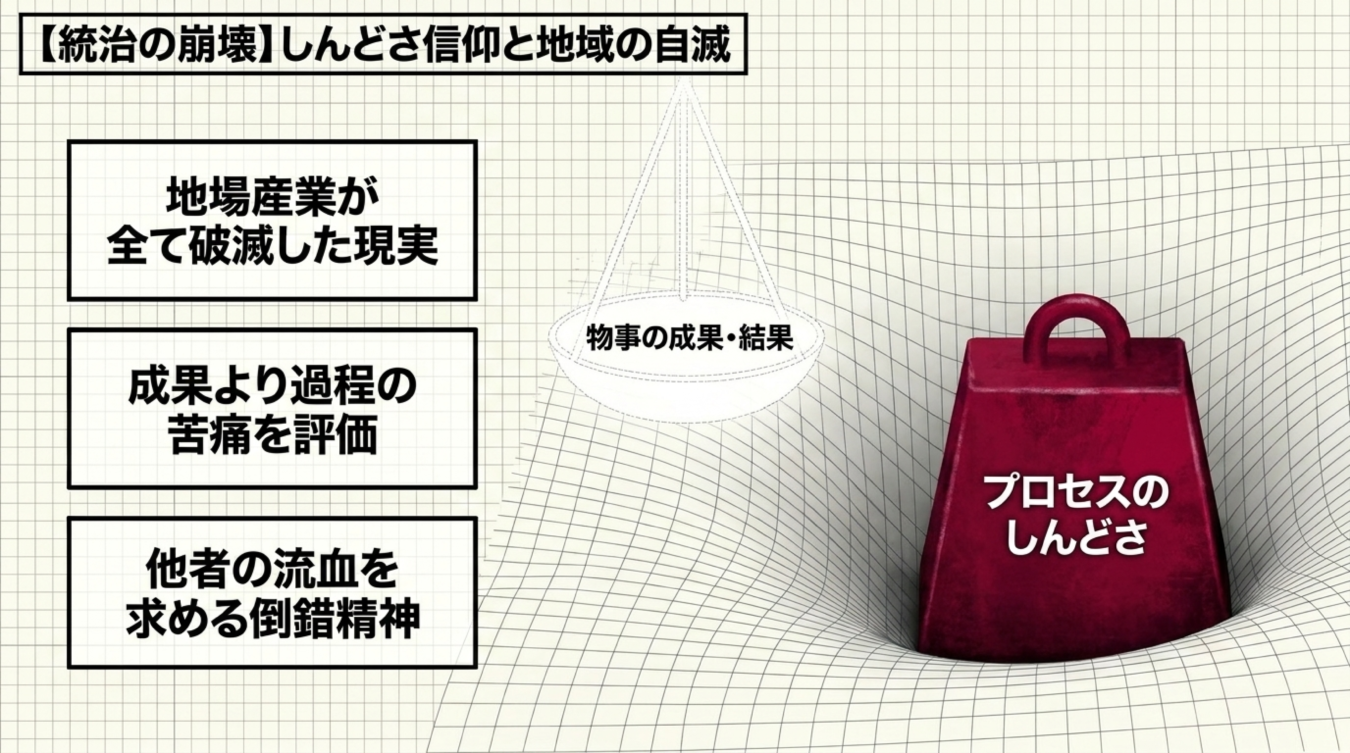 成果より苦痛を重視する「しんどさ信仰」が地場産業の衰退を招く構造を、天秤と重りの図解で示した概念図。