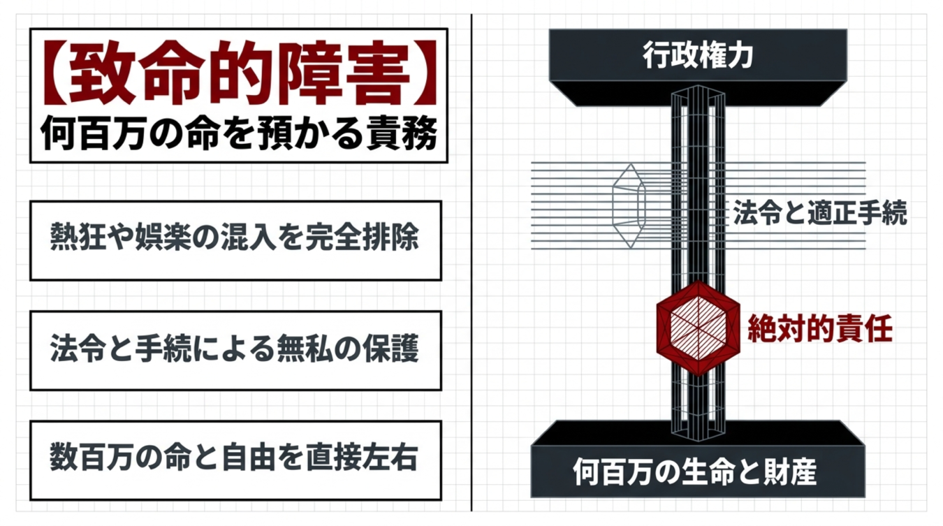 行政権力と何百万の生命と財産を繋ぐ構造図と致命的障害に関する3つの心得を示す画像