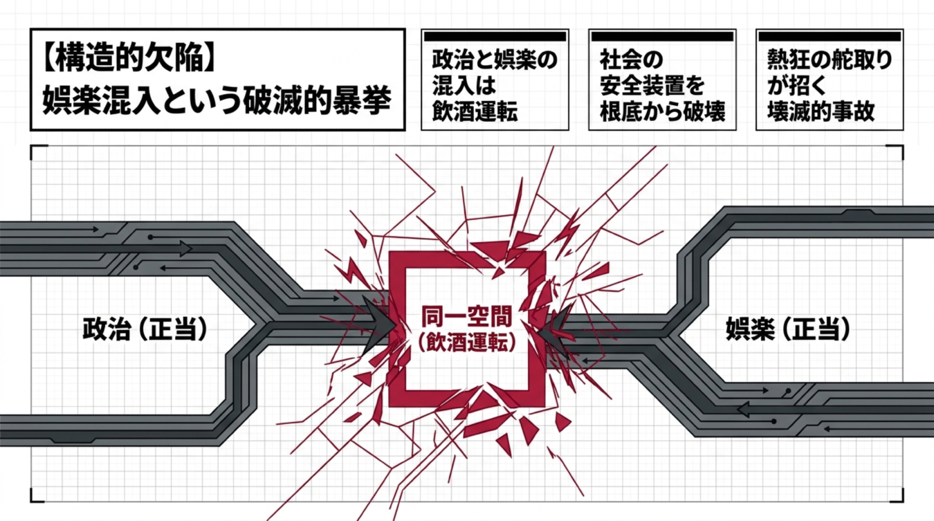 政治と娯楽の混入を飲酒運転に例えて危険性を訴える概念図