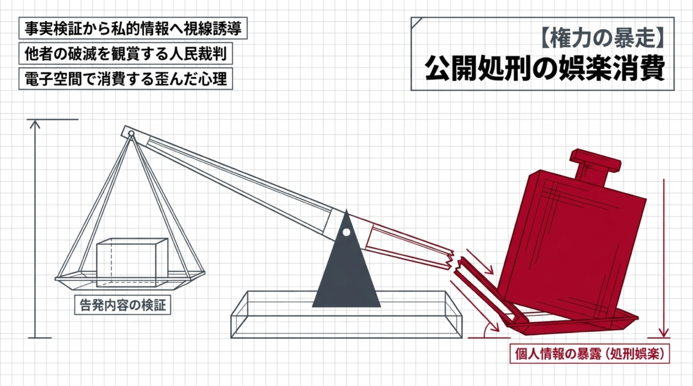 事実検証から個人情報の暴露へとシフトする公開処刑の娯楽消費を天秤で表したイラスト図解