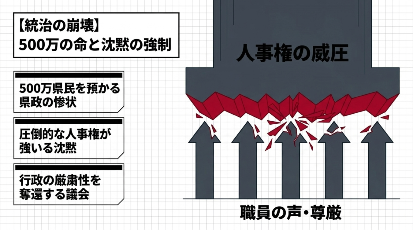 人事権の威圧により職員の声や尊厳が踏みにじられる様子を示す図解と統治の崩壊に関するテキスト情報
