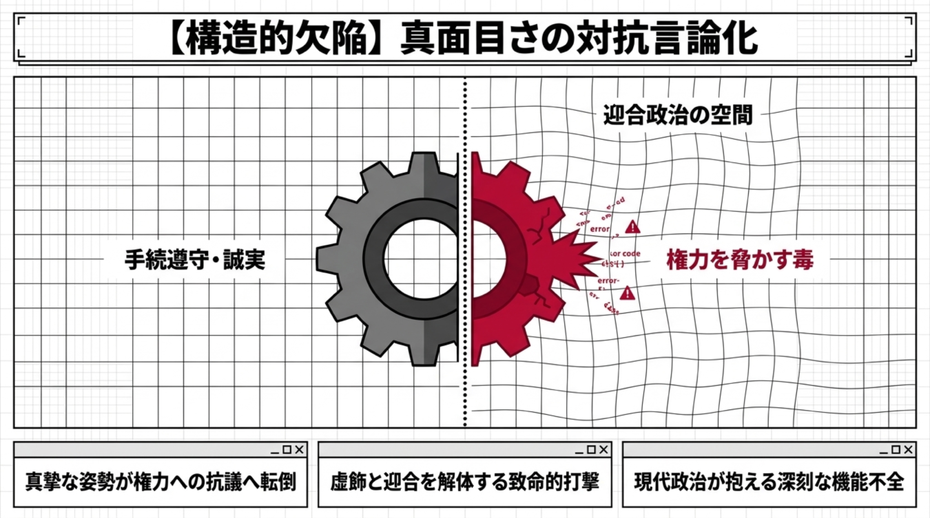 手続き遵守の真面目さと権力を脅かす毒としての政治的対立を示す図解