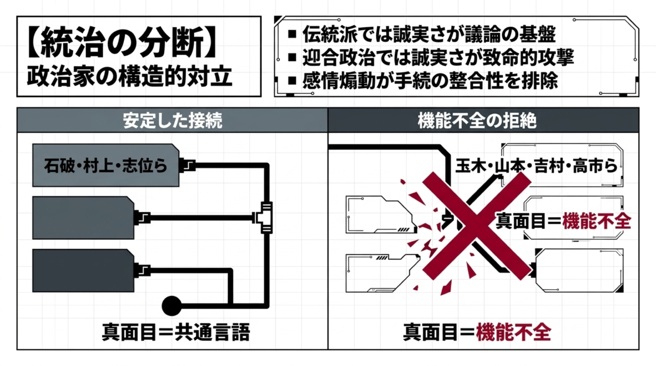 伝統派と迎合政治の対立構造を示し、真面目が共通言語か機能不全かを図解した政治分析の画像