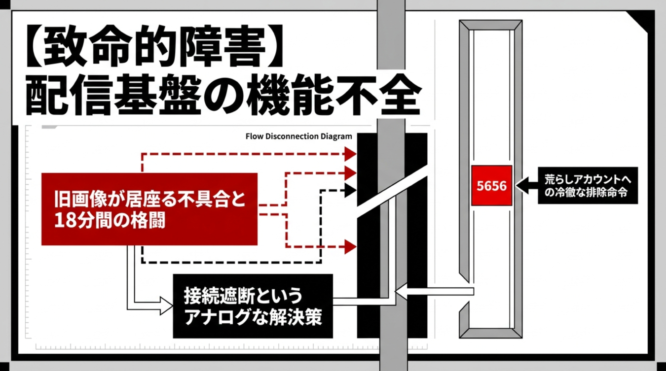 配信基盤の機能不全に関する図解。旧画像の不具合と18分間の格闘、接続遮断による解決、荒らしアカウントへの排除命令を示すフローチャート。