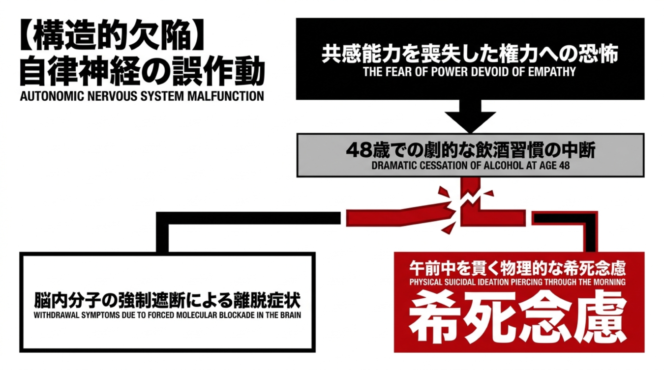 共感能力を欠いた権力への恐怖と断酒による自律神経の誤作動、それに伴う離脱症状と希死念慮の因果関係を示す図解。