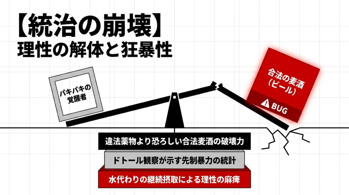 違法薬物よりも合法のビールが社会の理性を破壊し、狂暴性を引き起こす危険性を警告する比較図。