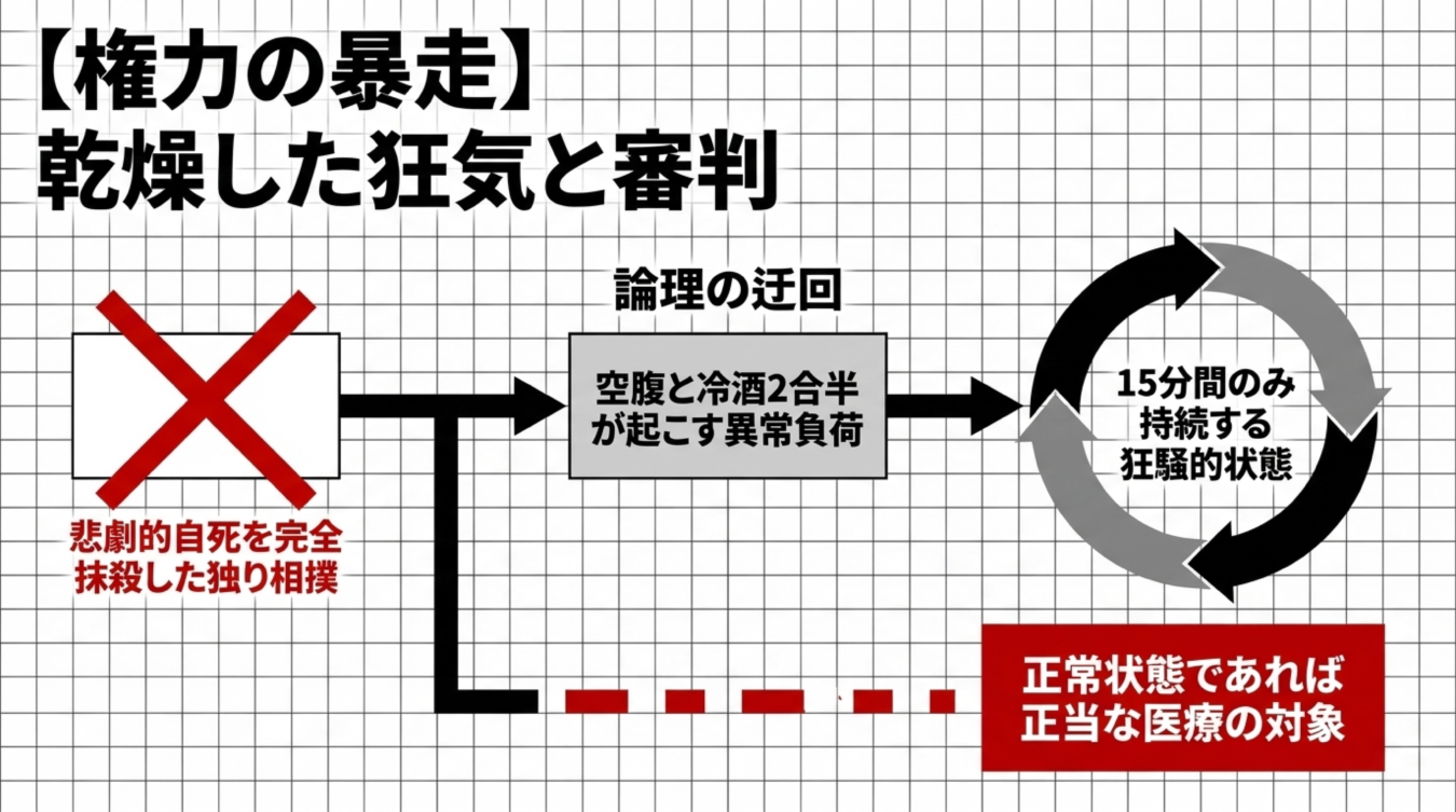 権力の暴走と題し、空腹と冷酒による異常負荷から狂騒状態に至る論理の迂回と、医療対象となる正常状態の分岐を示した図解。
