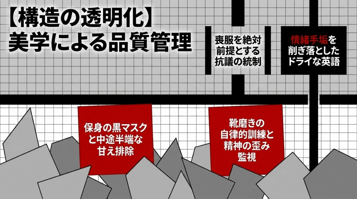 構造の透明化と美学による品質管理をテーマに、抗議の統制や自律的訓練などの項目をグリッド状に配置した図解。