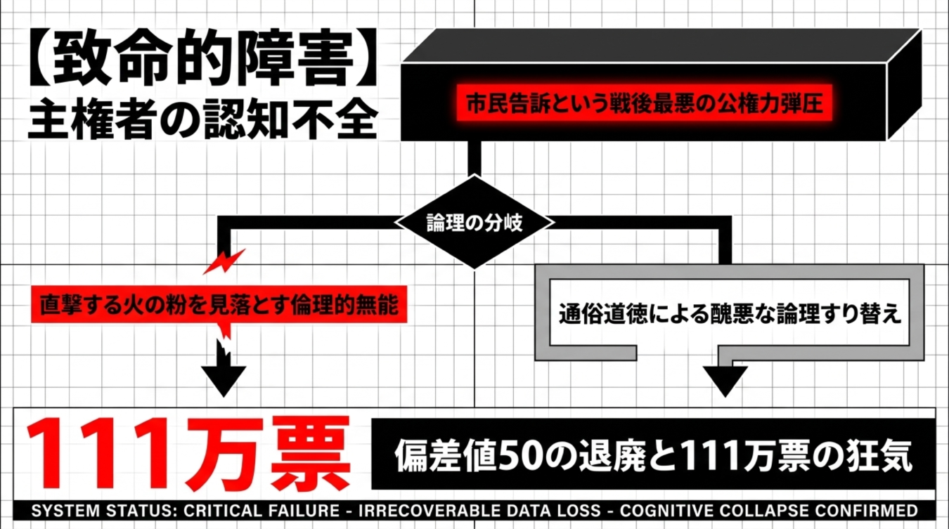 市民告訴」を巡る社会の認知不全と、111万票の狂気による論理的崩壊を批判的に図解したフローチャート画像。