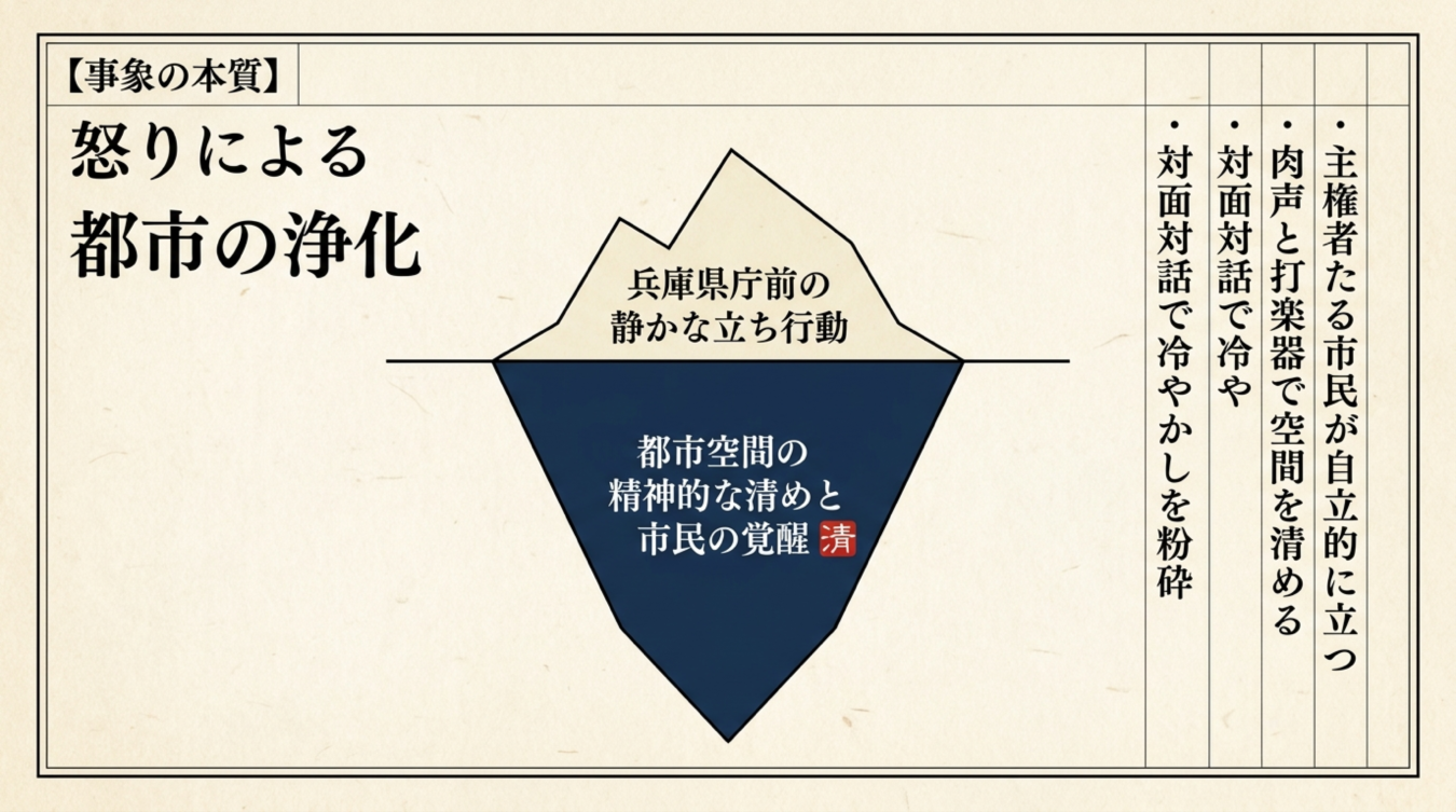 兵庫県庁前の静かな立ち行動と都市空間の精神的な清めを氷山モデルで解説した図解