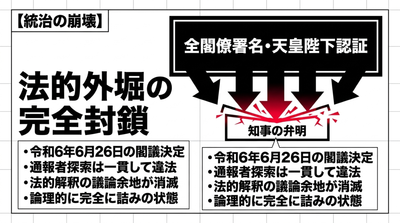 全閣僚署名と天皇陛下認証を受け、知事の弁明が論理的に完全に詰みの状態であることを示す図解