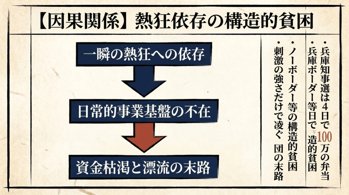 一瞬の熱狂依存から日常的基盤の不在を経て資金枯渇と漂流の末路に至る構造的貧困の因果関係を示す図解