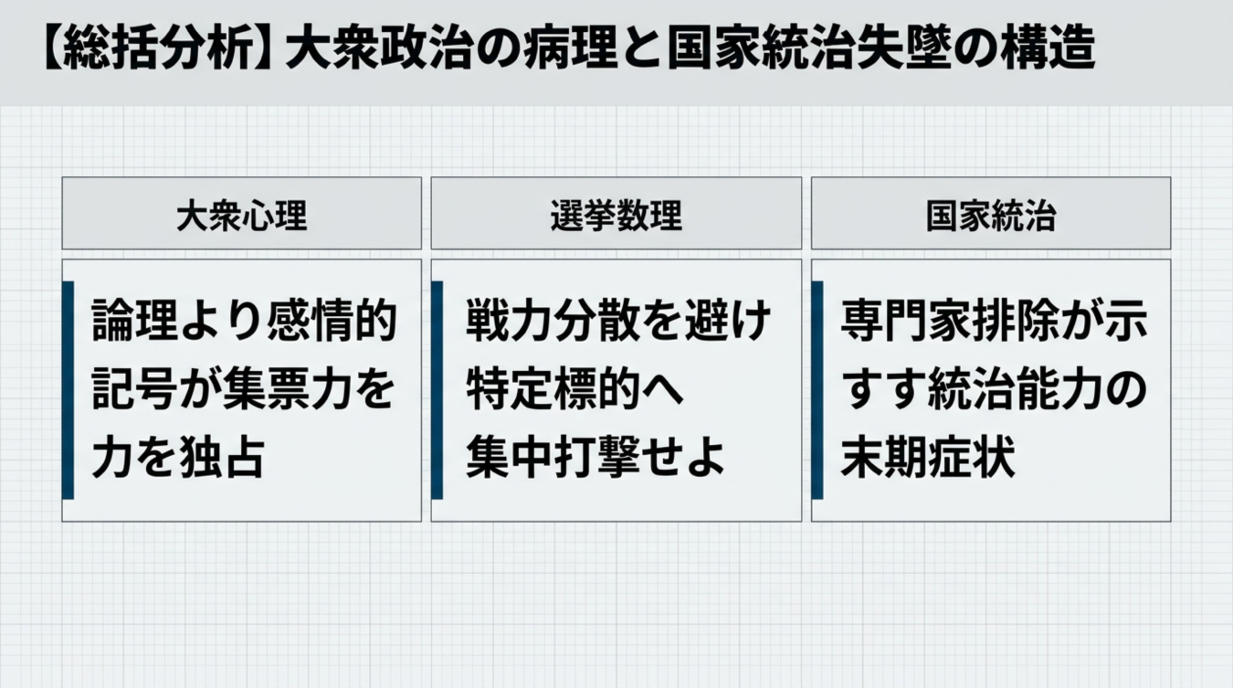 大衆政治の病理と国家統治失墜の構造を示す図解