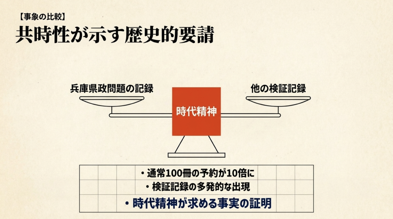兵庫県政問題の記録と他の検証記録が時代精神を軸に比較される様子を示した図