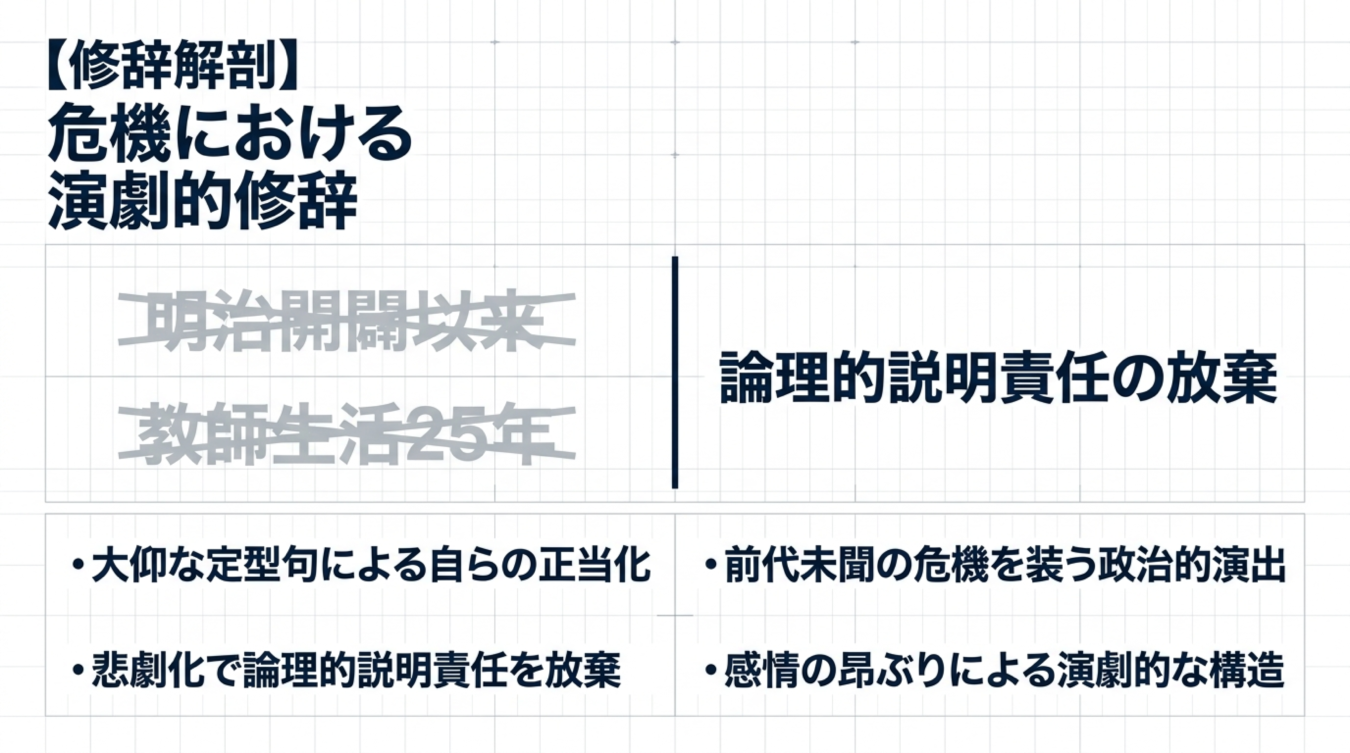 危機における演劇的修辞の構造や論理的説明責任の放棄を分析した解説画像