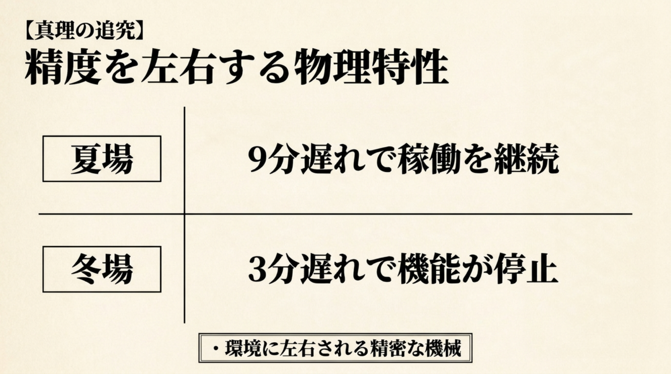 季節による精度の変化を解説する図表で夏場は9分遅れで稼働し冬場は3分遅れで機能が停止すると記されている