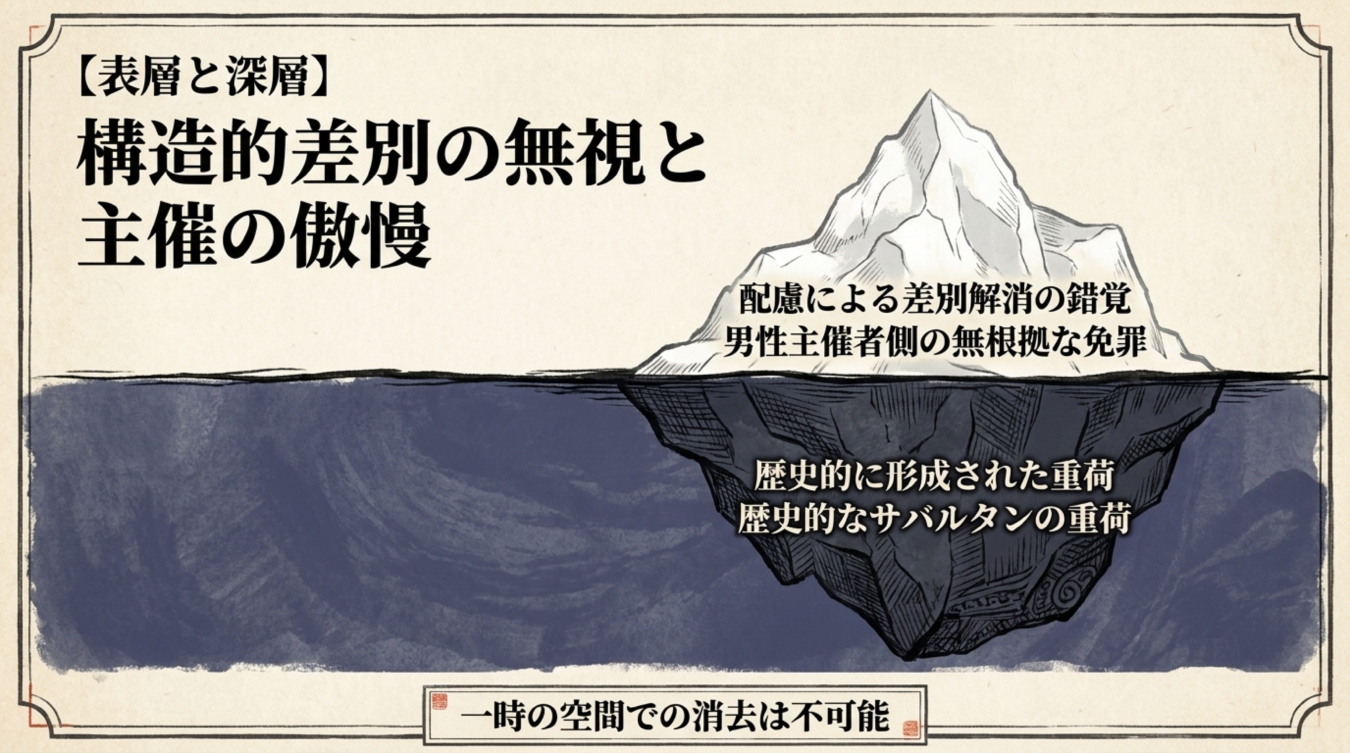 氷山のイラストを用いて構造的差別の無視と主催者の傲慢を批判する図解