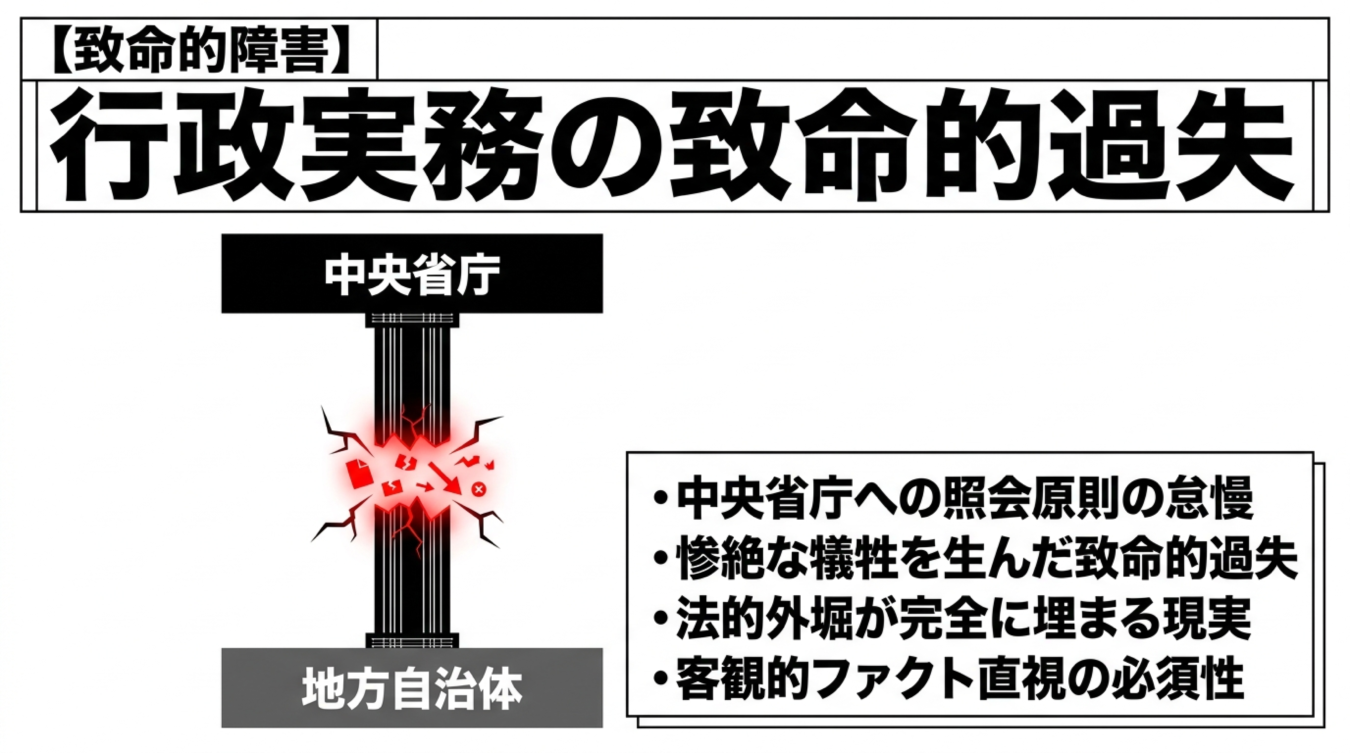 中央省庁と地方自治体の関係図を示し、行政実務における致命的過失や原則の怠慢、客観的事実直視の必要性を解説する画像