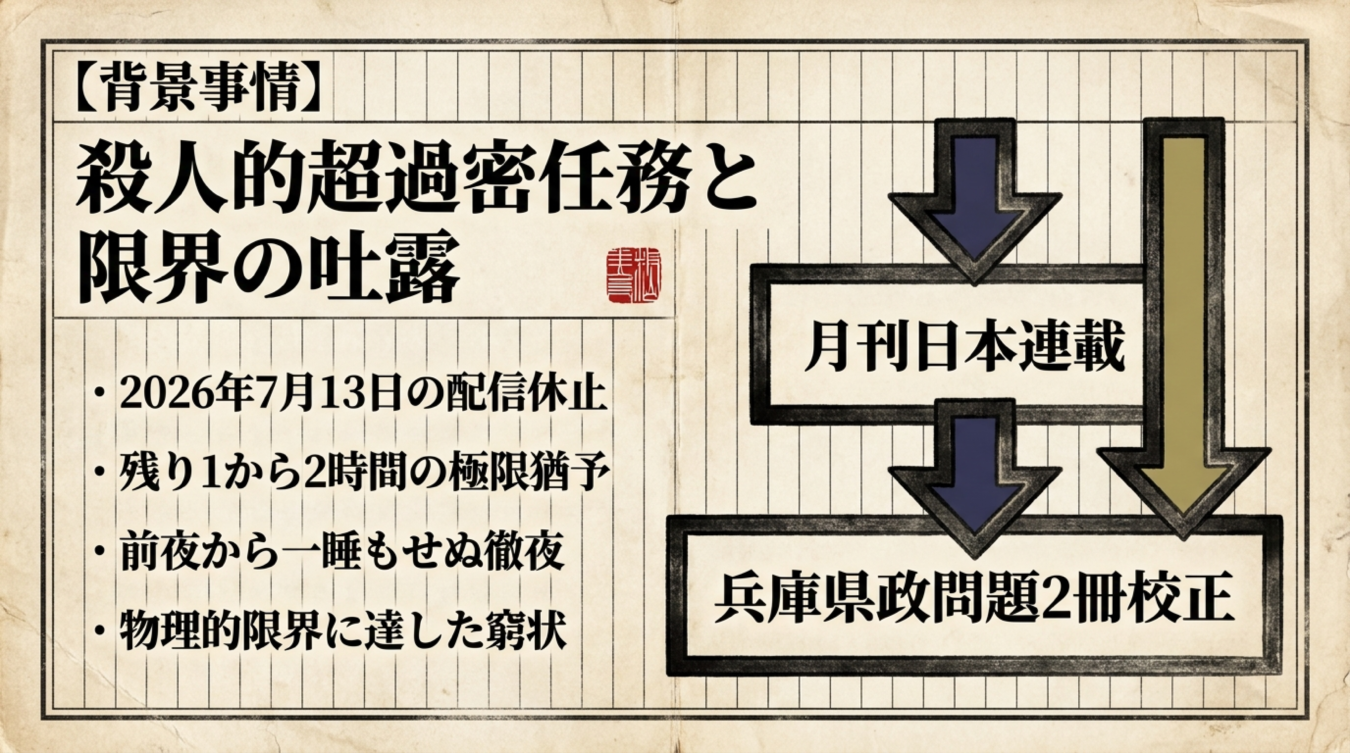 背景事情として超過密任務と限界の吐露を箇条書きと矢印で示した図