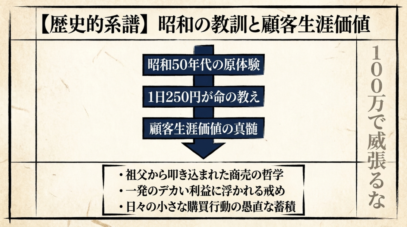 昭和の教訓と顧客生涯価値の関係を示す歴史的系譜図