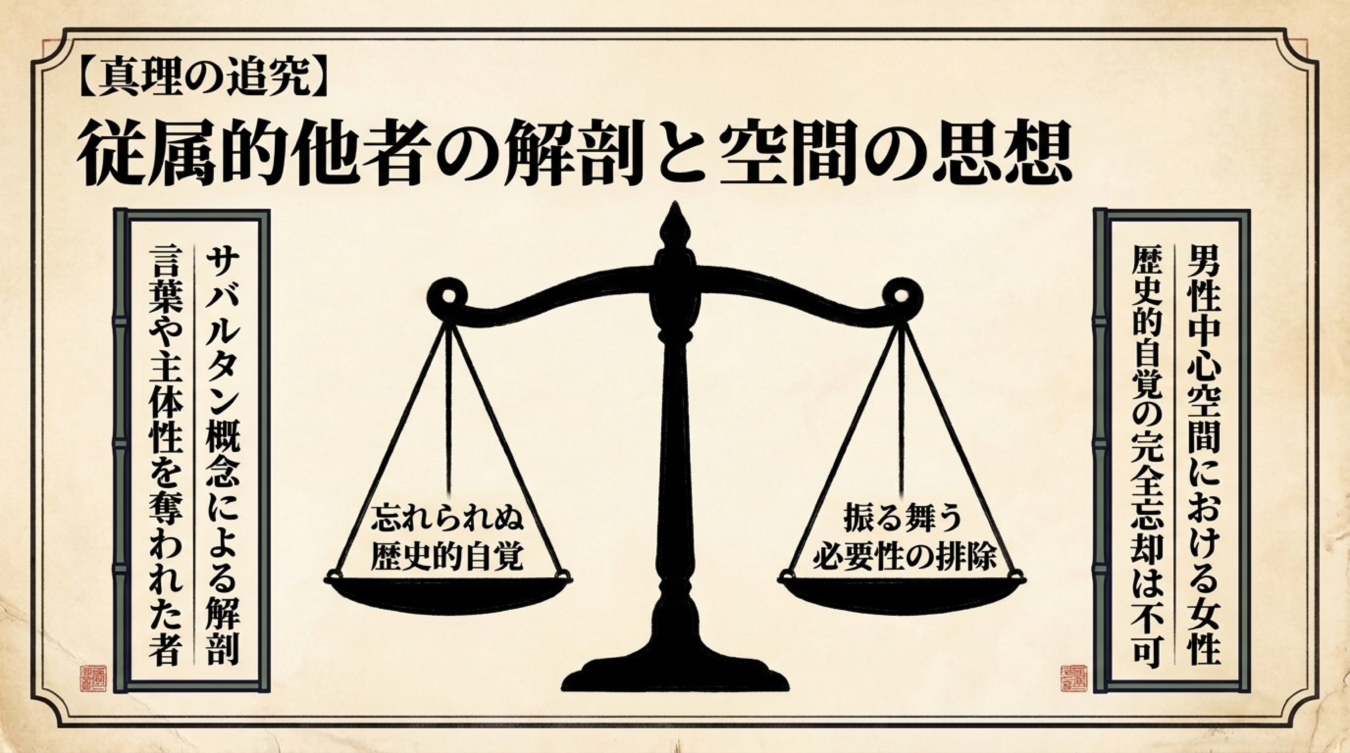 真理の追求をテーマに掲げ、従属的他者の解剖と空間の思想について天秤を使って対比的に表現した図解