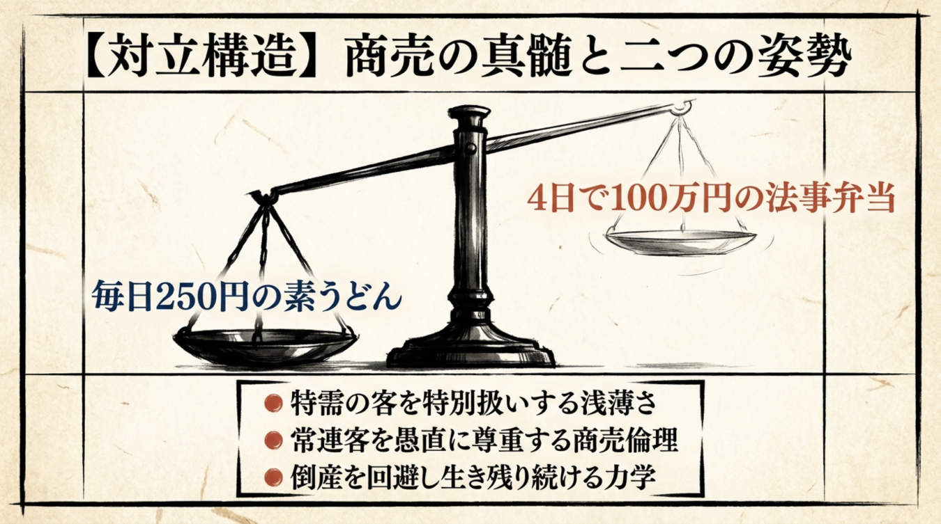 250円の素うどんとしょぼい法事弁当の秤による商売の二つの姿勢を対比させた図解