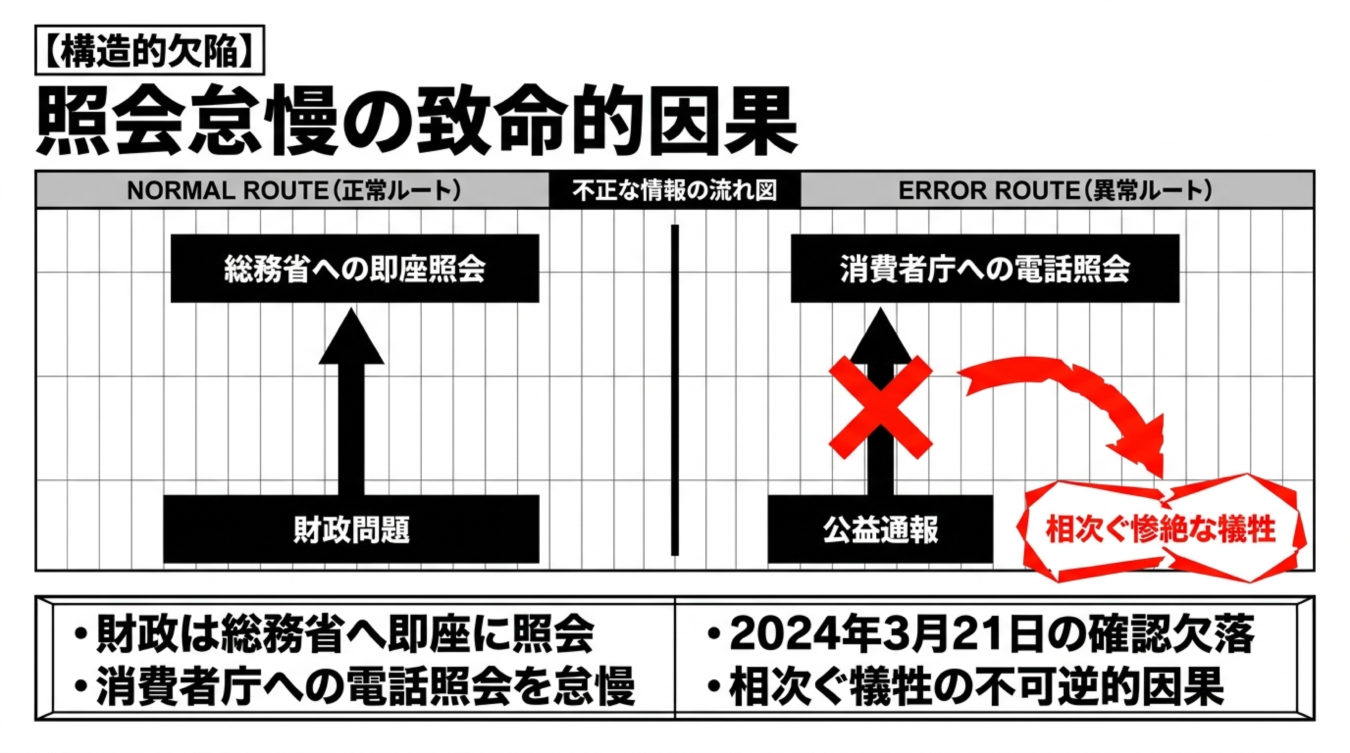 正常ルートと異常ルートを比較したフローチャート。財政問題は総務省へ即座に照会される一方、公益通報は消費者庁への電話照会が怠られ相次ぐ犠牲が生じた構造的欠陥を示す。