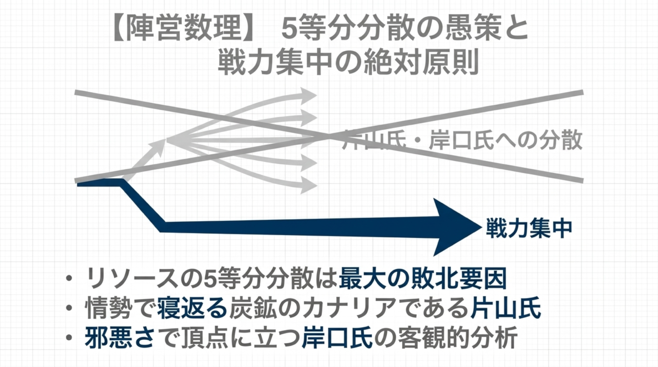 リソースの5等分散の愚策と戦力集中の絶対原則を示すグラフと3つの箇条書きの解説。