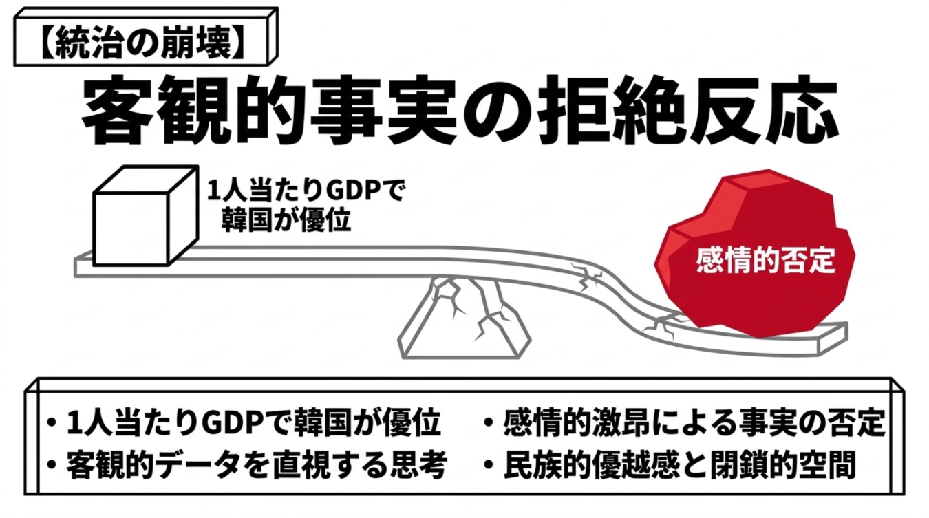 客観的事実としての韓国のGDP優位に対し感情的に否定する様子を描いた図解